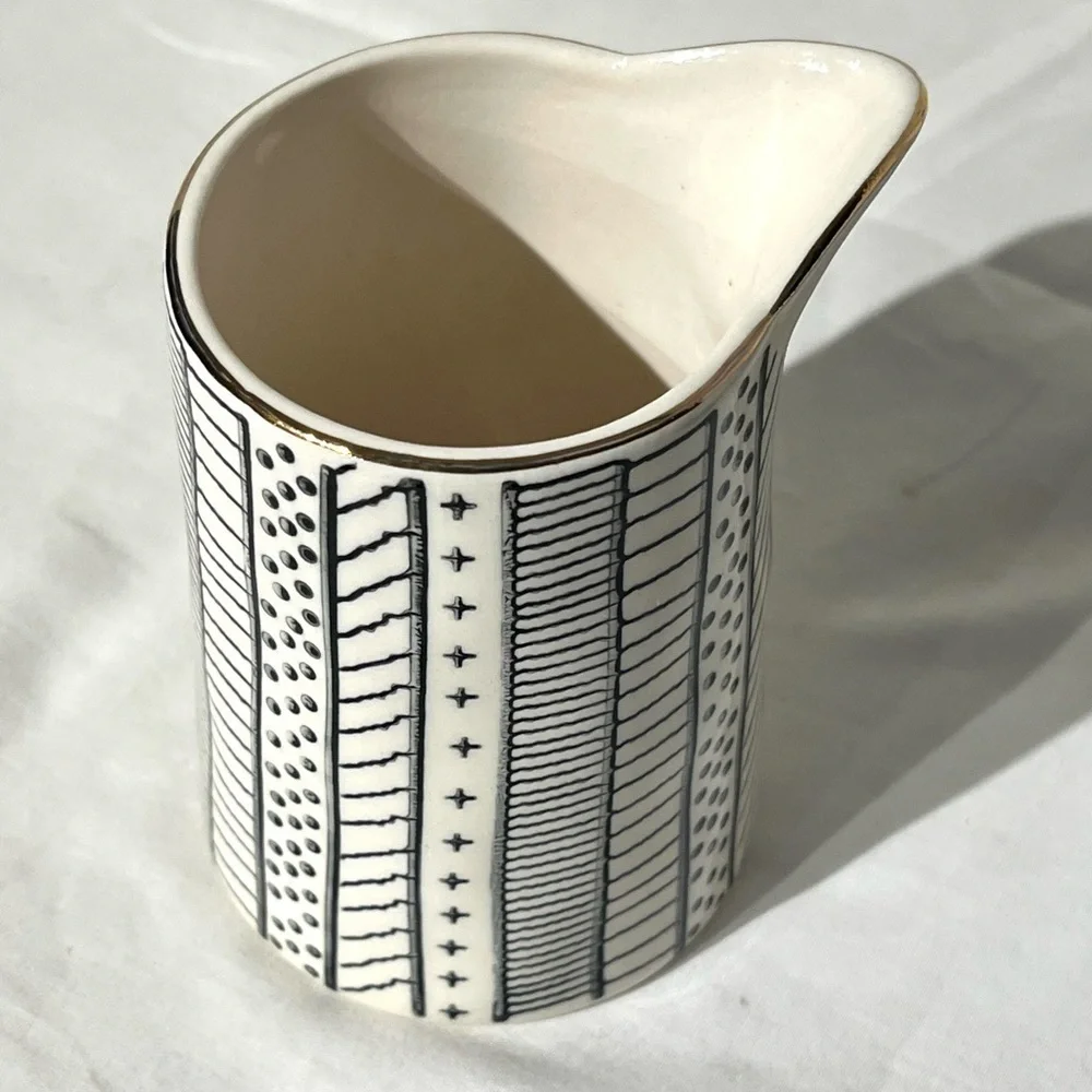 Creative Co-op Modern Stoneware Creamer Ivory w/ Black Design Gold Rim 8 oz.